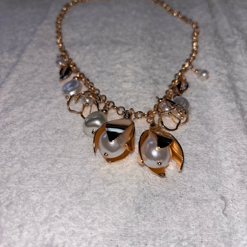 Gold-Tone Pearl Floral Charm Necklace - Women Jewelry